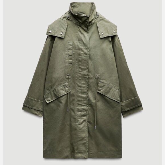 Women's Zara Khaki Green Hooded Parka Trench Coat Size M - Picture 3 of 13